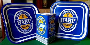 Advertisement - Two Harp draught lager drink trays c.1980 with a matching HARP draught beer font