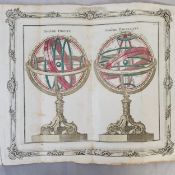 An 18th century armillary sphere book plate illustrating the Copernican model of the solar system,