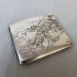A Japanese silver niello type cigarette case, etched with traditional boating village scenes, 92.