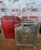 Two Jerry cans, red and green , 20l fuel cans.