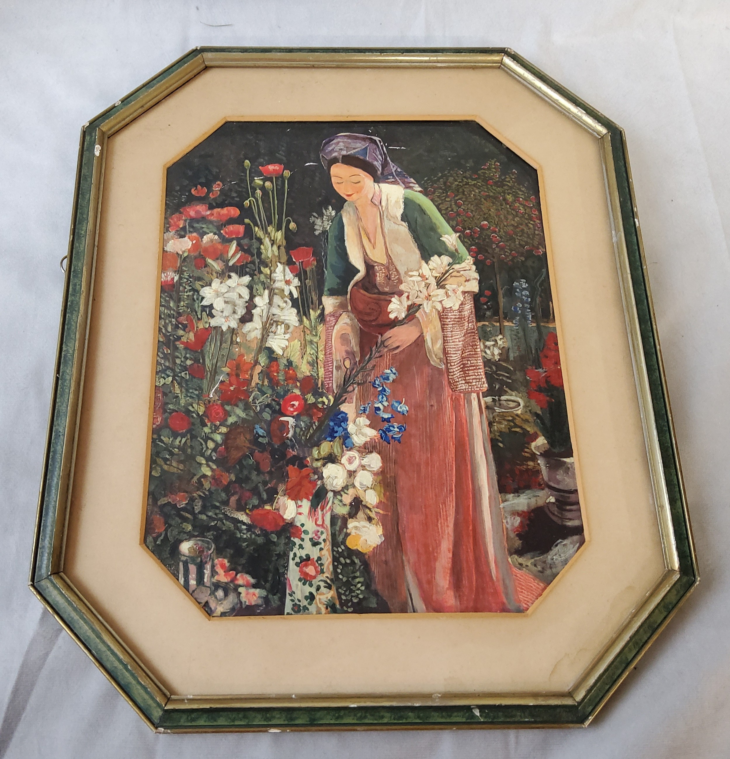 A 20th Century Continental School original gouache on board of an Etruscan beauty flower arranging