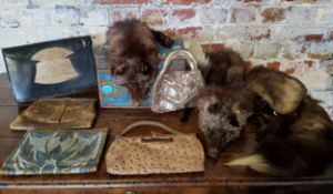 Indian turquoise ornate jewelery casket, vintage purses leather, fabric and skin (lizard), 2 fox fur