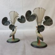 A pair of unusual Art Deco cold painted tinplate and frosted glass spill vases, mounted with