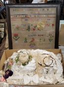 Textiles - a Victorian sampler by Annie Lownds aged 10, framed, 52cm x 47cm; a box of vintage