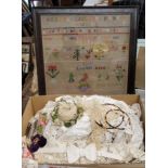 Textiles - a Victorian sampler by Annie Lownds aged 10, framed, 52cm x 47cm; a box of vintage