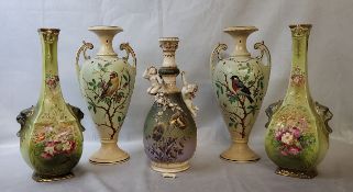 A pair early 20th century Continental vases hand painted with floral swags, stylised Jaguar