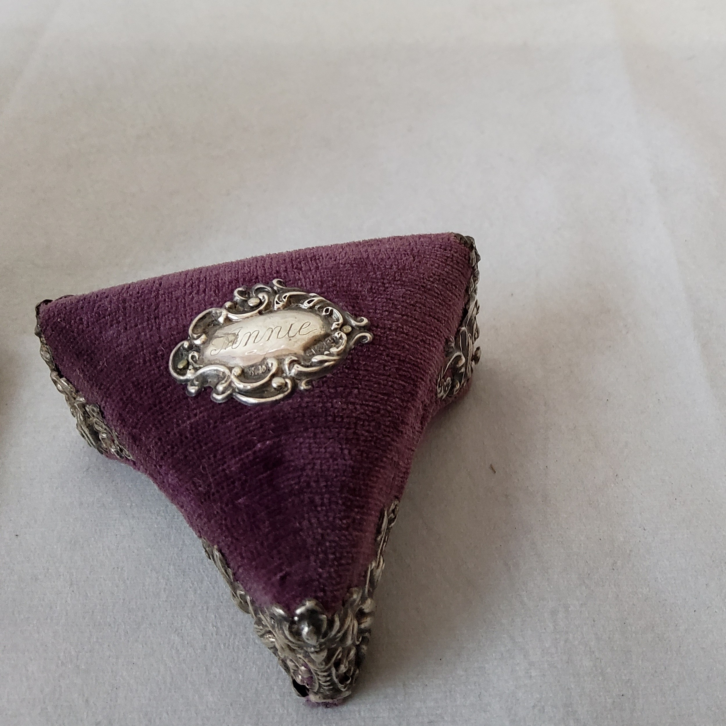 Sewing - an Edward VII silver mounted pincushion, the cartouche engraved Annie with scrolling - Image 3 of 4