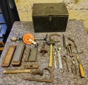 Tools - boxed sharpening stone, sharpening stones, wrench "Big Dick", pincers, pliers, scribe Stanly