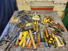 Tools - A Large quantity of tools with metal tool box, hacksaws, clamps, hammer, mallet, Stanley