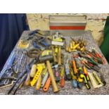 Tools - A Large quantity of tools with metal tool box, hacksaws, clamps, hammer, mallet, Stanley