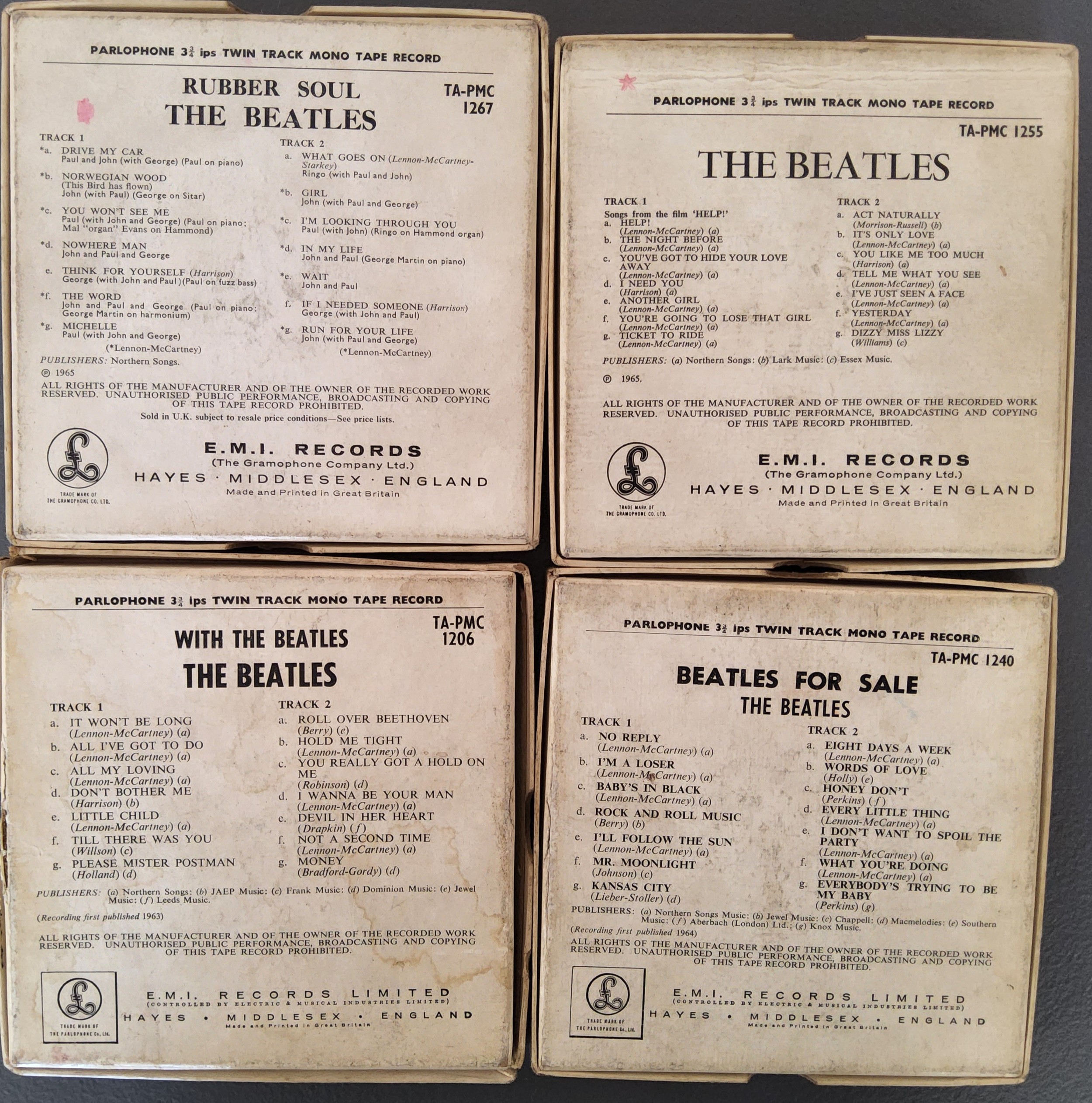 The Beatles four scarce Parlephone 3 3/4 I.P.S. Twin Track Mono Tape Records including With the - Image 4 of 4