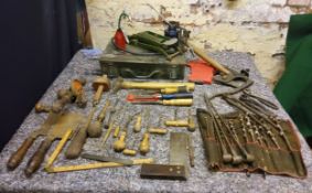 Tools- hand drills including Stanley, zip bits, metal and woodern folding rules, Aerite foot pump