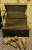 Tools- woodern tool chest, various cast objects, metal box, three woodern mallets, box 30cm h x 65cm