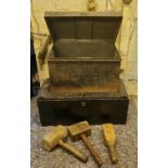 Tools- woodern tool chest, various cast objects, metal box, three woodern mallets, box 30cm h x 65cm