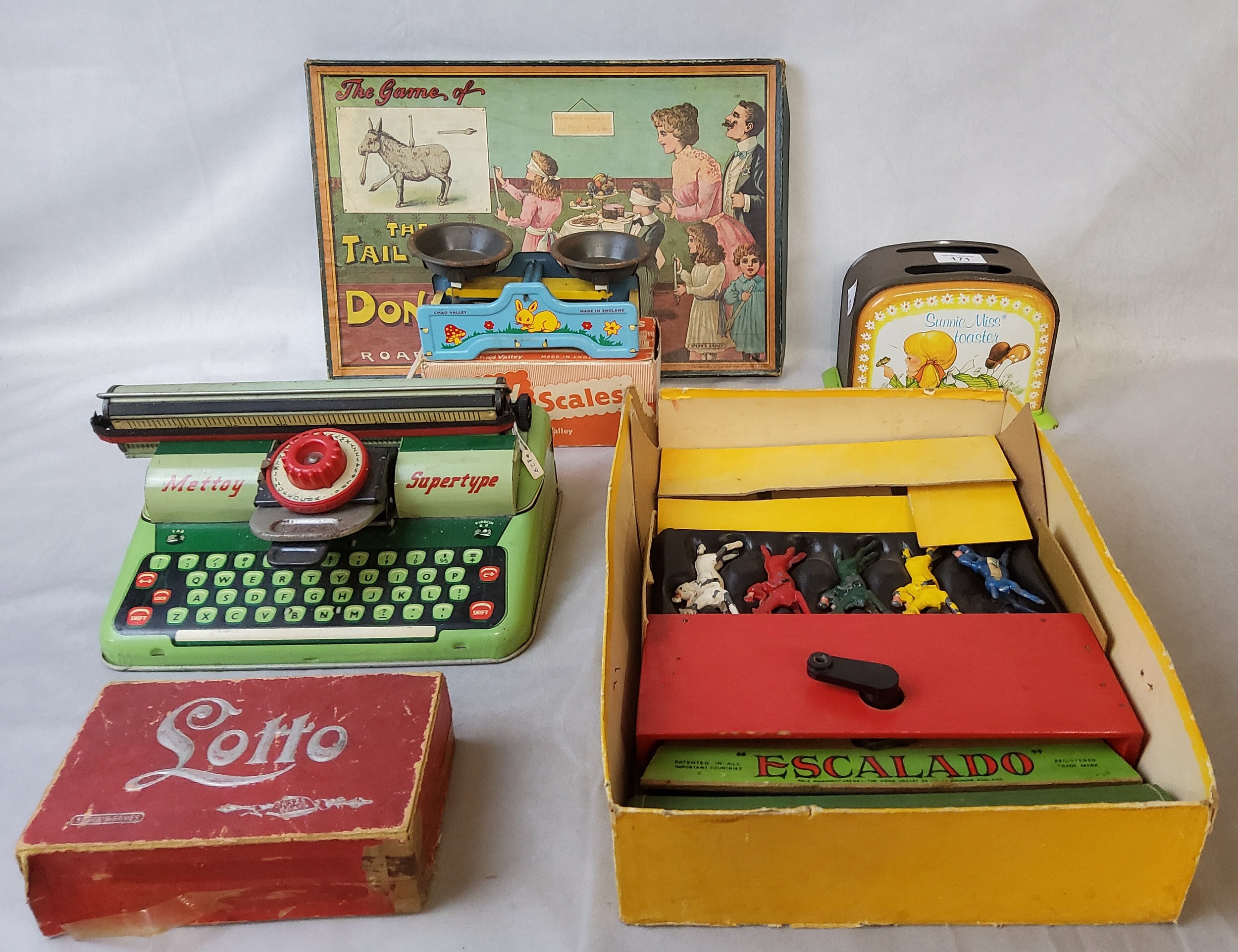 A Chad Valley tin plate Toy Scales, original box; an Ohio Art Sunnie Miss toaster; A Mettoy - Image 2 of 2