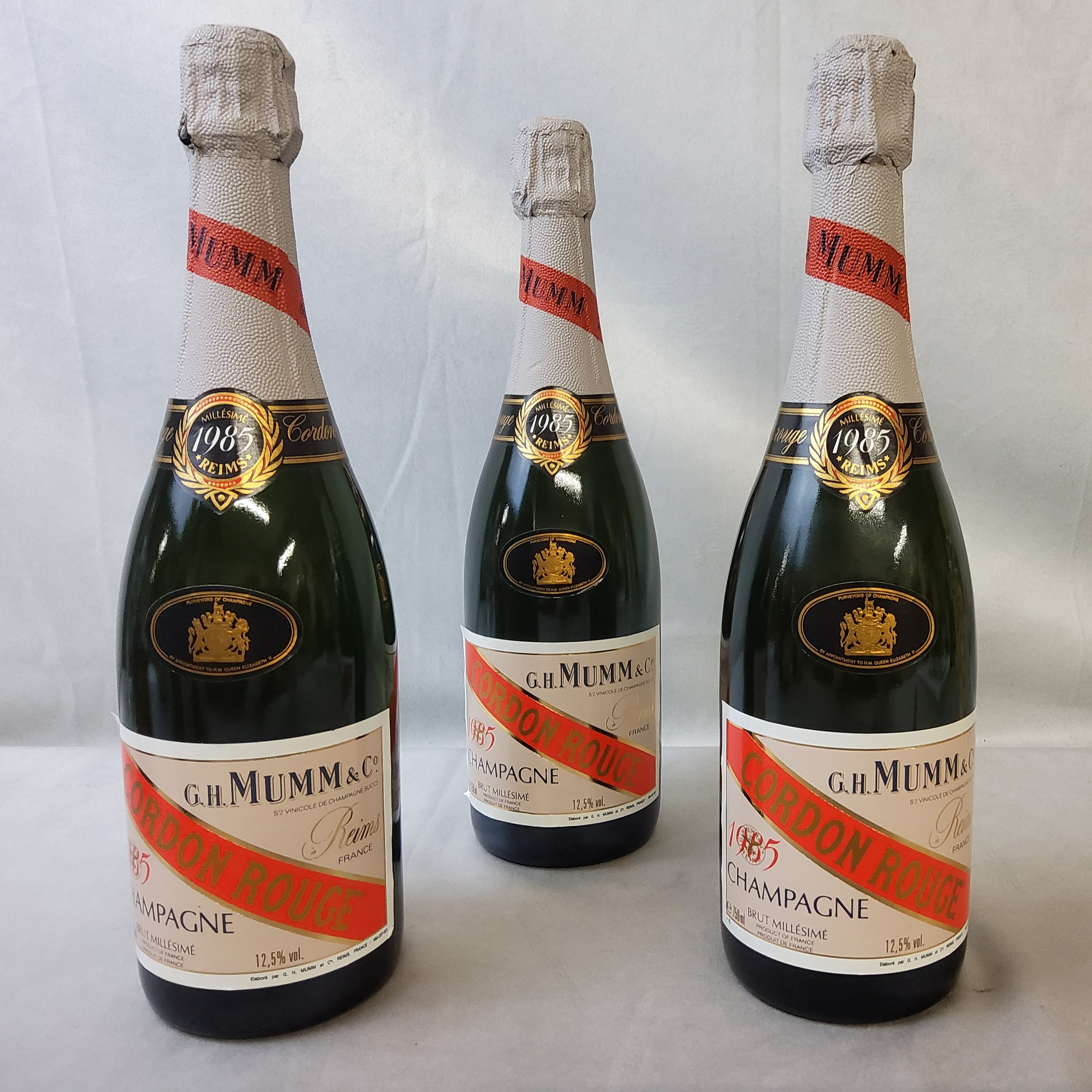 G.H. Mumm & Co, Cordon Rouge champagne, 1985 vintage, three bottles, sealed 750ml, 12.5% vol. (3)
