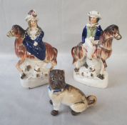 Victorian Staffordshire flatbacks of a gallant & beau, she rides side-saddle on horseback, encrusted