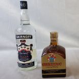 Smirnoff export vodka, 1 litre, sealed, 50% vol, post stickered Aug 85 ; Grandyc Licor de Whisky,