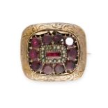 AN ANTIQUE GARNET AND PEARL BROOCH, LATE 19TH CENTURY in yellow gold, the cushion shaped body set