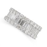 A DIAMOND HALF ETERNITY BAND RING in 18ct white gold, set to one half with a row of baguette cut