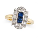 A SAPPHIRE AND DIAMOND DRESS RING in high carat yellow gold, set with two step cut blue sapphires