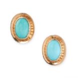 A PAIR OF TURQUOISE STUD EARRINGS in yellow gold, each set with an oval cabochon turquoise, the