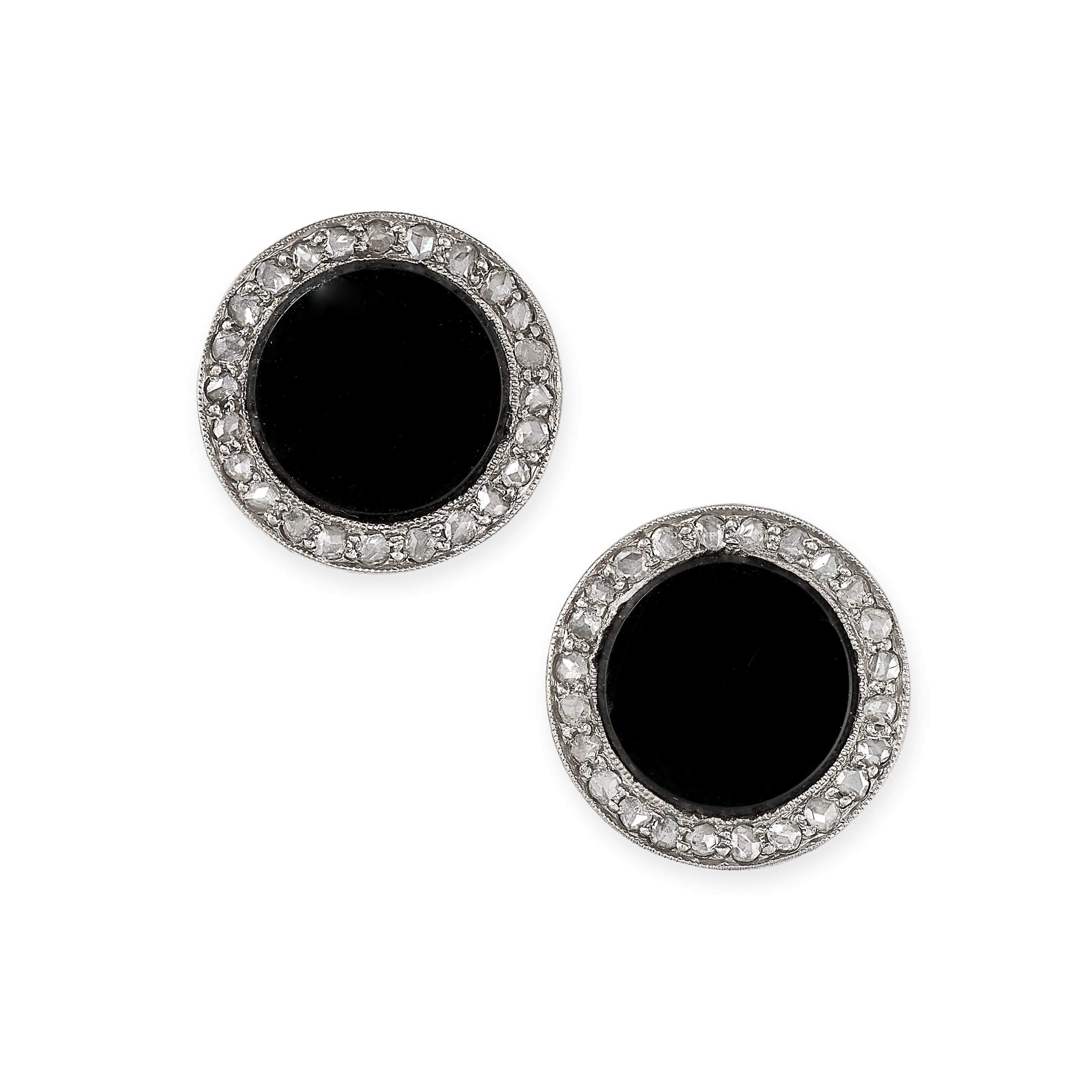 A PAIR OF ART DECO ONYX AND DIAMOND STUD EARRINGS in yellow gold and platinum, possibly converted