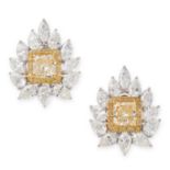 A PAIR OF FANCY YELLOW DIAMOND AND DIAMOND EARRINGS each set with a radiant cut yellow diamond,