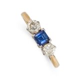 A SAPPHIRE AND DIAMOND THREE STONE RING in 18ct yellow gold and platinum, set with a square step cut