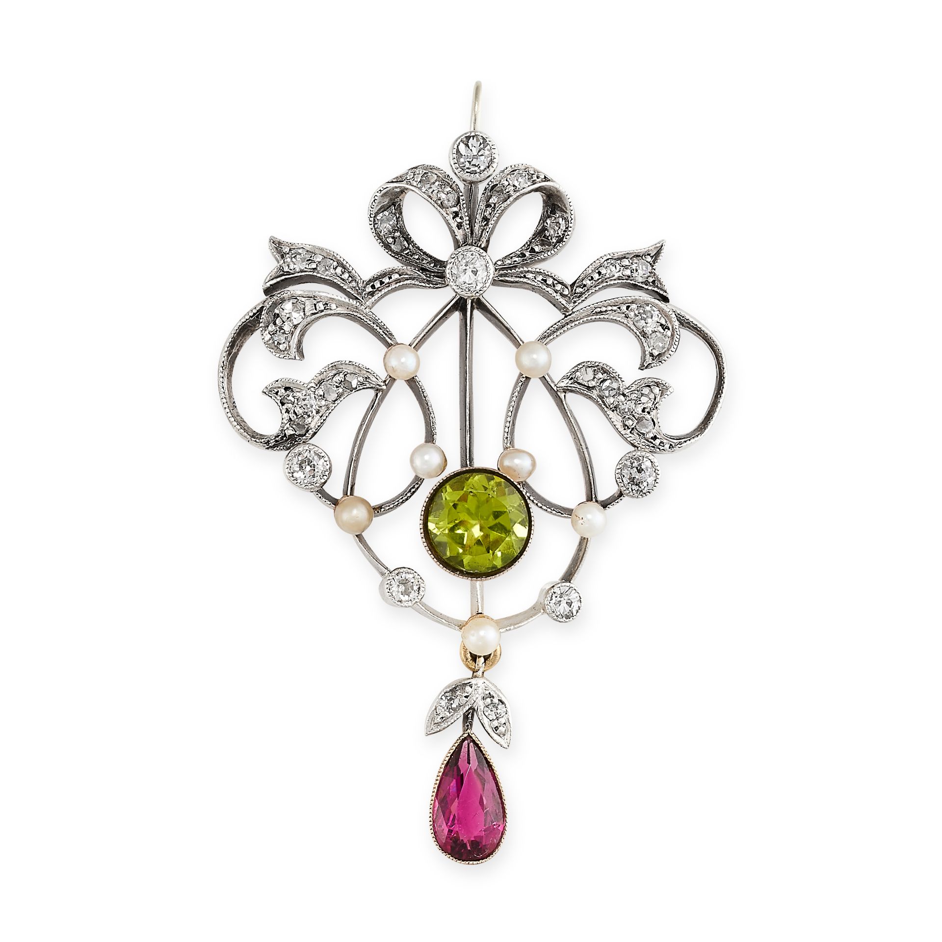 AN ANTIQUE BELLE EPOQUE PINK TOURMLAINE, PERIDOT, DIAMOND AND PEARL PENDANT in yellow gold and