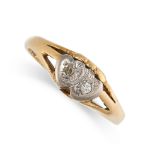 A VINTAGE DIAMOND SWEETHEART RING in 18ct yellow gold, the band with two interlocking twin hearts,