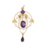AN ANTIQUE AMETHYST AND PEARL PENDANT, CIRCA 1910 in 18ct yellow gold, set with oval cut, square