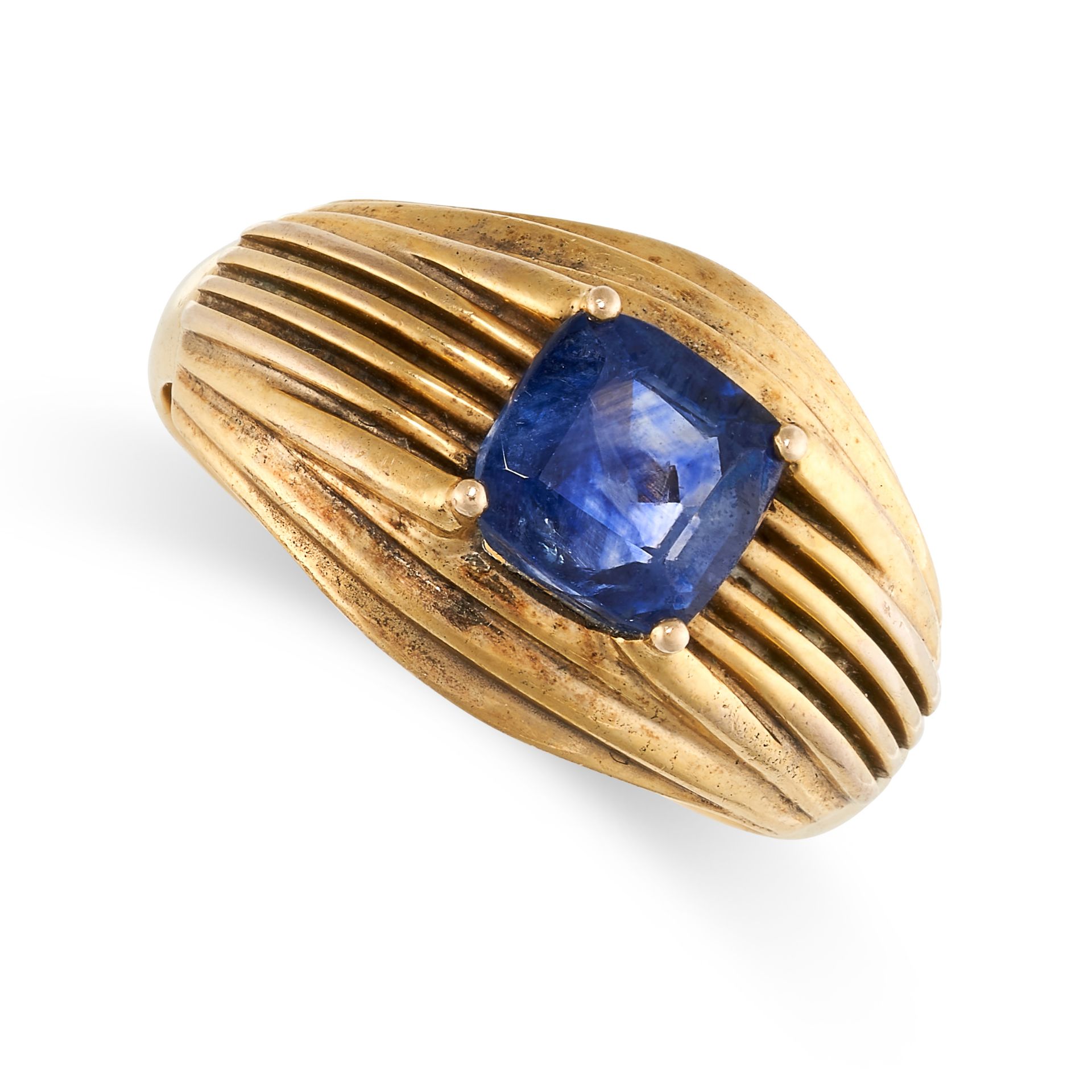 A SAPPHIRE DRESS RING in 18ct yellow gold, set with a cushion cut blue sapphire of 2.23 carats, with