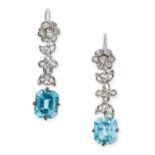 A PAIR OF BLUE ZIRCON AND DIAMOND DROP EARRINGS each set with an octagonal step cut blue zircon, the