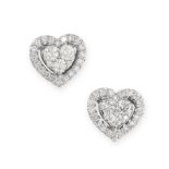 A PAIR OF DIAMOND HEART STUD EARRINGS in 18ct white gold, set with round brilliant cut diamonds,