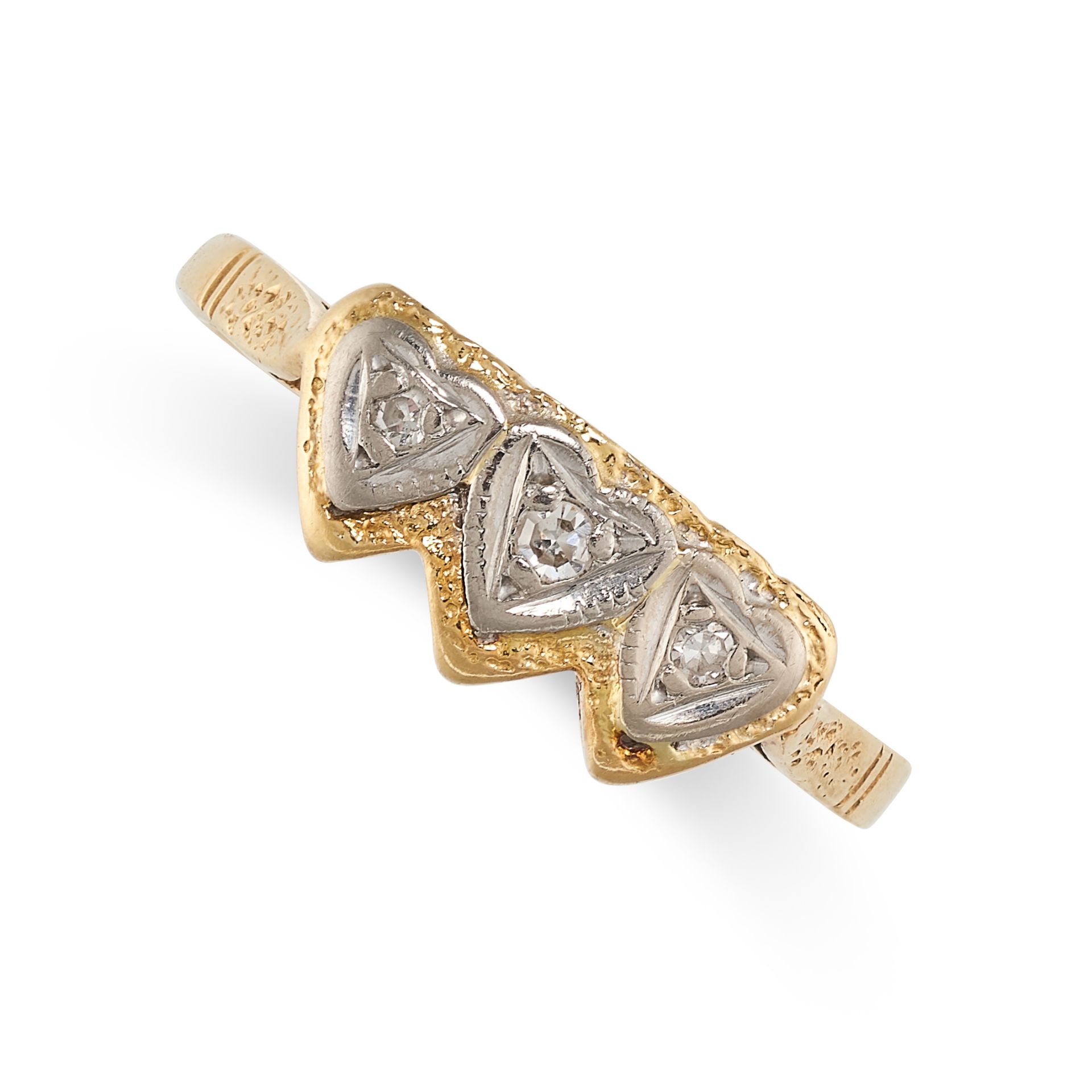 A VINTAGE DIAMOND SWEETHEART DRESS RING, 1994 in 18ct yellow gold, the band with a trio of hearts,