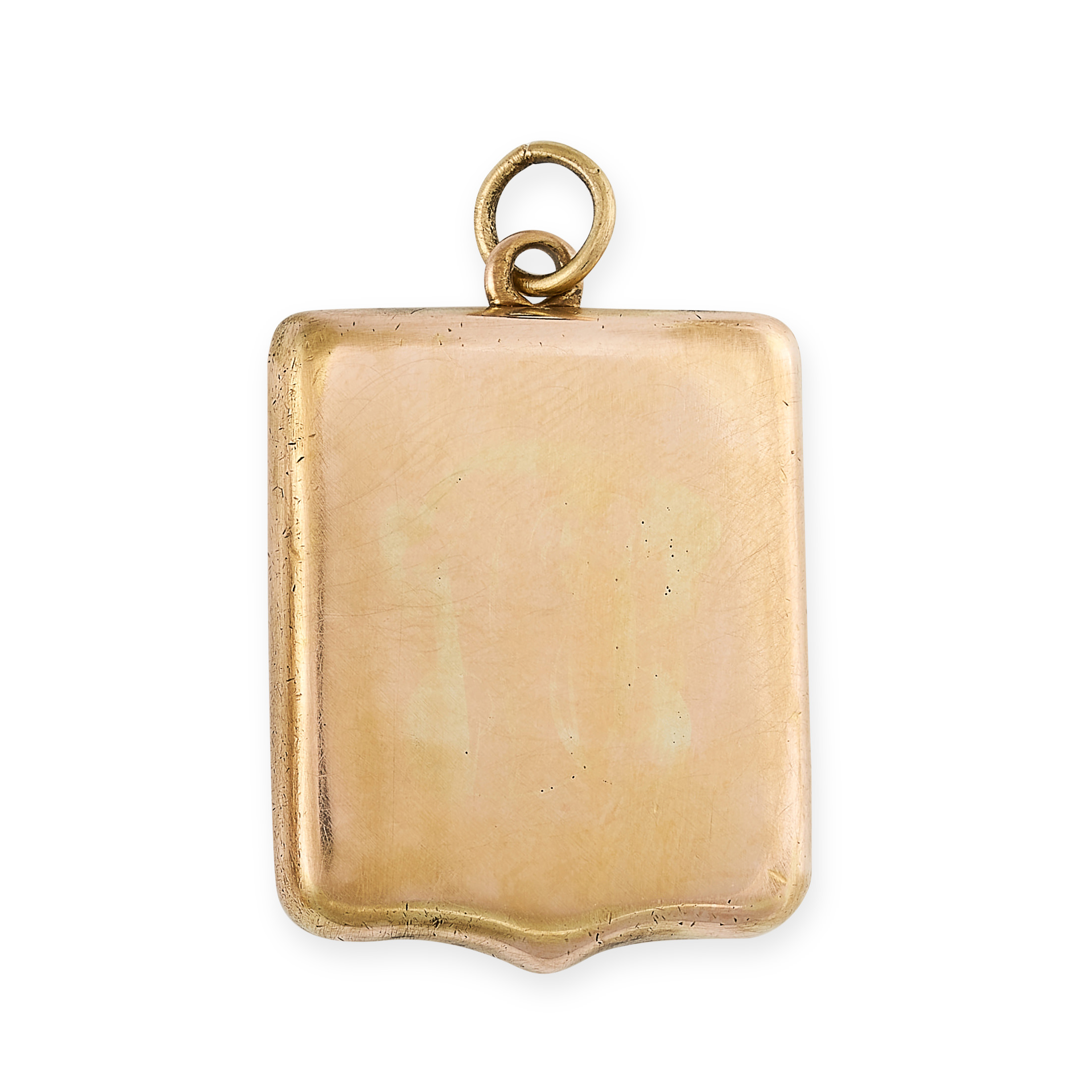 AN ANTIQUE PORTRAIT MINIATURE MOURNING LOCKET PENDANT in yellow gold, the stylised rectangular