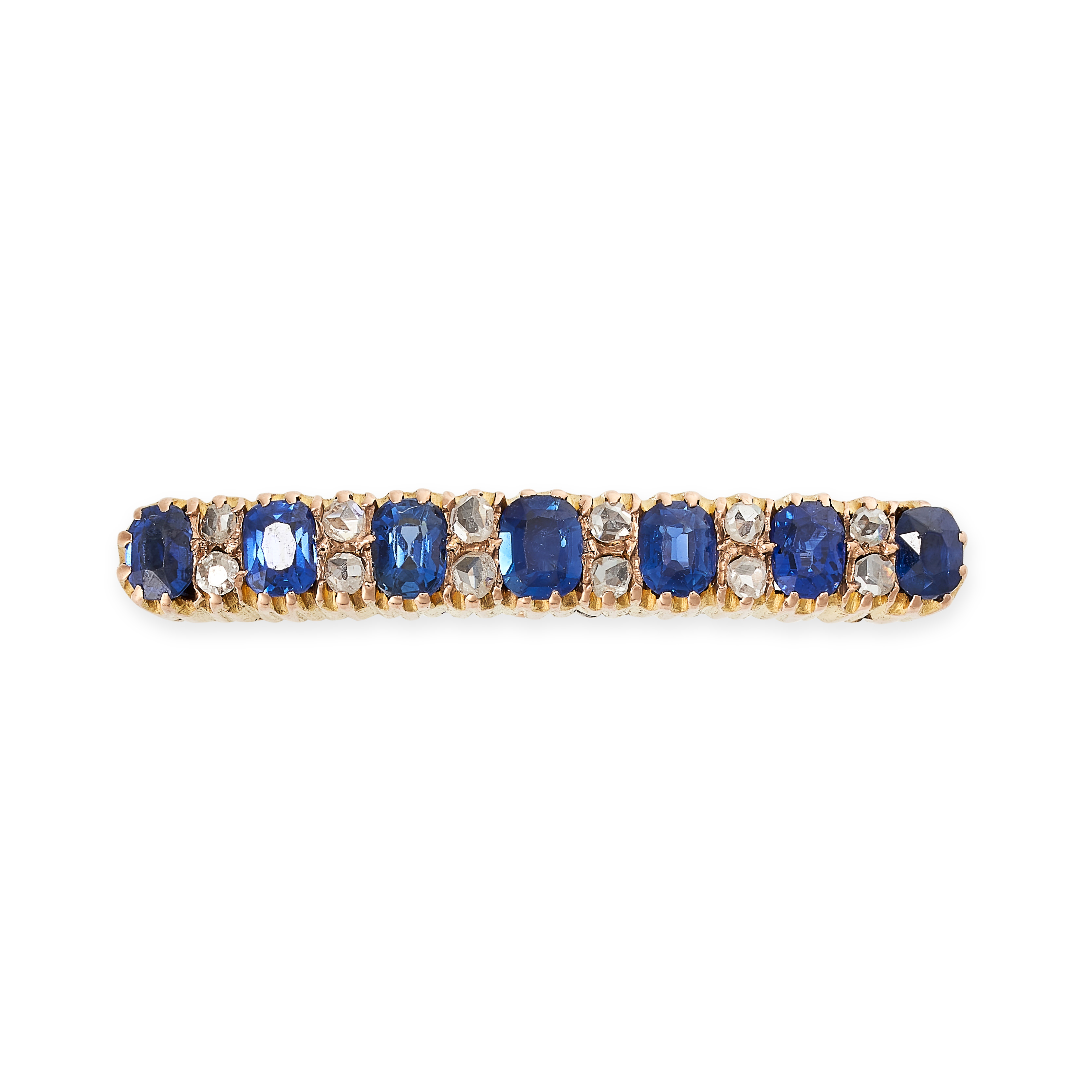 AN ANTIQUE SAPPHIRE AND DIAMOND BAR BROOCH in yellow gold, set with a row of seven graduated cushion