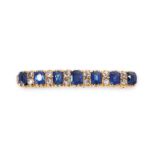 AN ANTIQUE SAPPHIRE AND DIAMOND BAR BROOCH in yellow gold, set with a row of seven graduated cushion