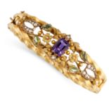 AN ANTIQUE EDWARDIAN AMETHYST, PERIDOT AND PEARL BANGLE, 1907 in 9ct yellow gold, the hinged body