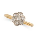 A DIAMOND CLUSTER RING in 18ct yellow gold, the scalloped face set with single cut diamonds, stamped