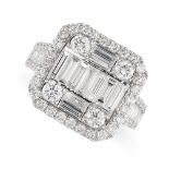 A DIAMOND DRESS RING in 18ct white gold, the face set with round brilliant cut and baguette cut