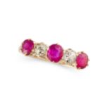 A RUBY AND DIAMOND DRESS RING, EARLY 20TH CENTURY in 18ct yellow gold, set with a trio of