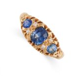 AN ANTIQUE SAPPHIRE AND DIAMOND DRESS RING, 1905 in 18ct yellow gold, set with a trio of cushion and