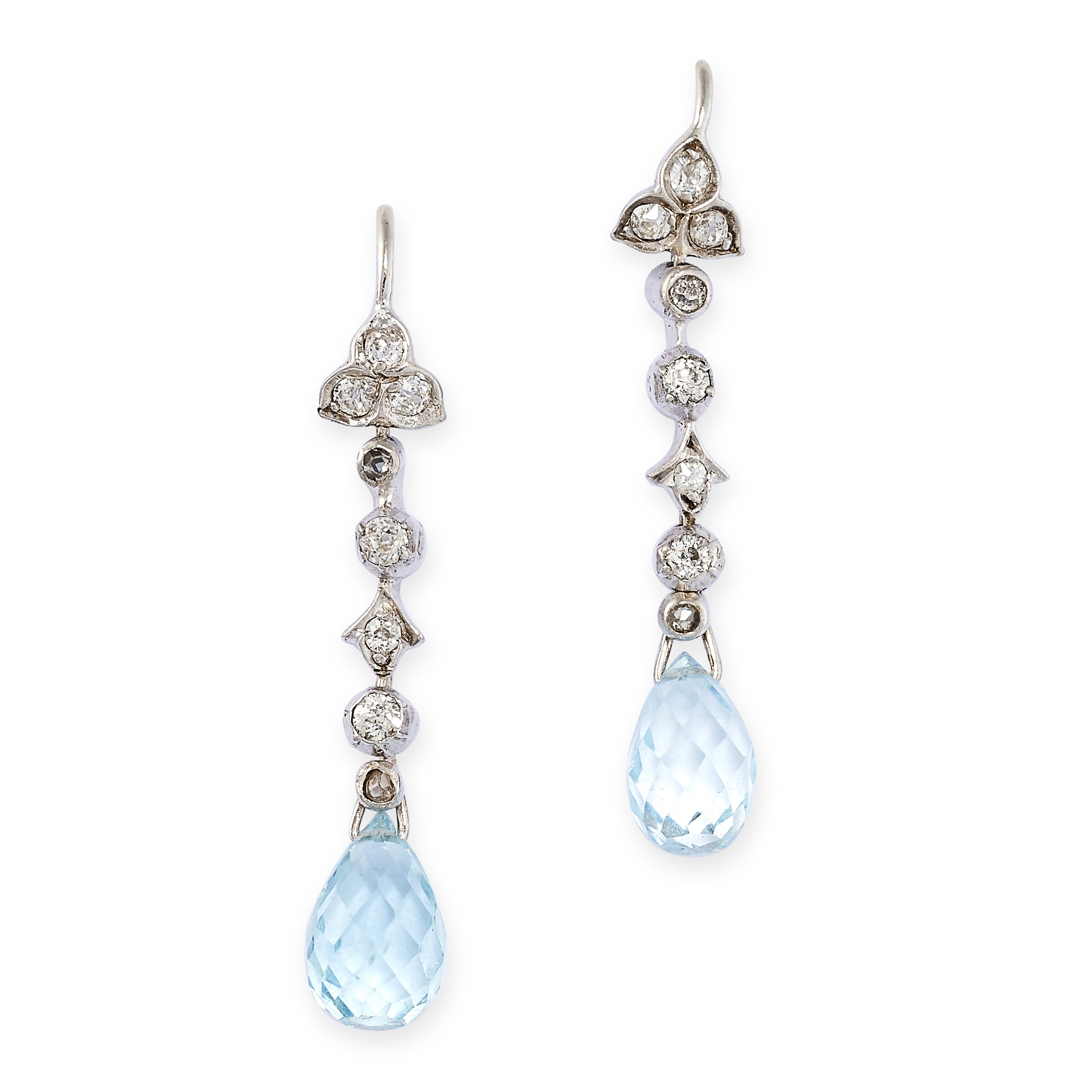 A PAIR OF AQUAMARINE AND DIAMOND DROP EARRINGS each set with a briolette cut aquamarine, suspended