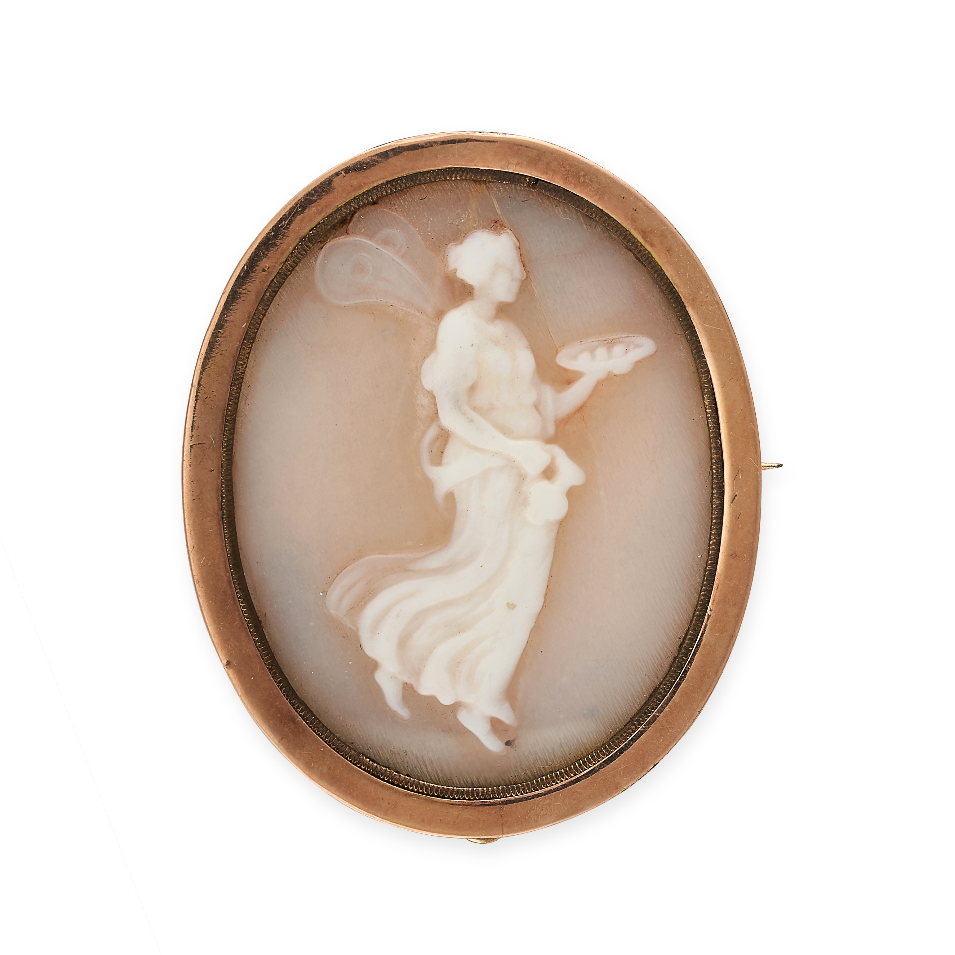 AN ANTIQUE SHELL CAMEO BROOCH in yellow gold, the oval body set with a shell cameo carved to