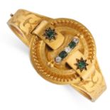 A FINE ANTIQUE EMERALD AND DIAMOND MOURNING LOCKET BANGLE in 18ct yellow gold, the tapering hinged