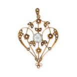 AN ANTIQUE AQUAMARINE AND PEARL PENDANT in 9ct yellow gold, the openwork scrolling body set with a