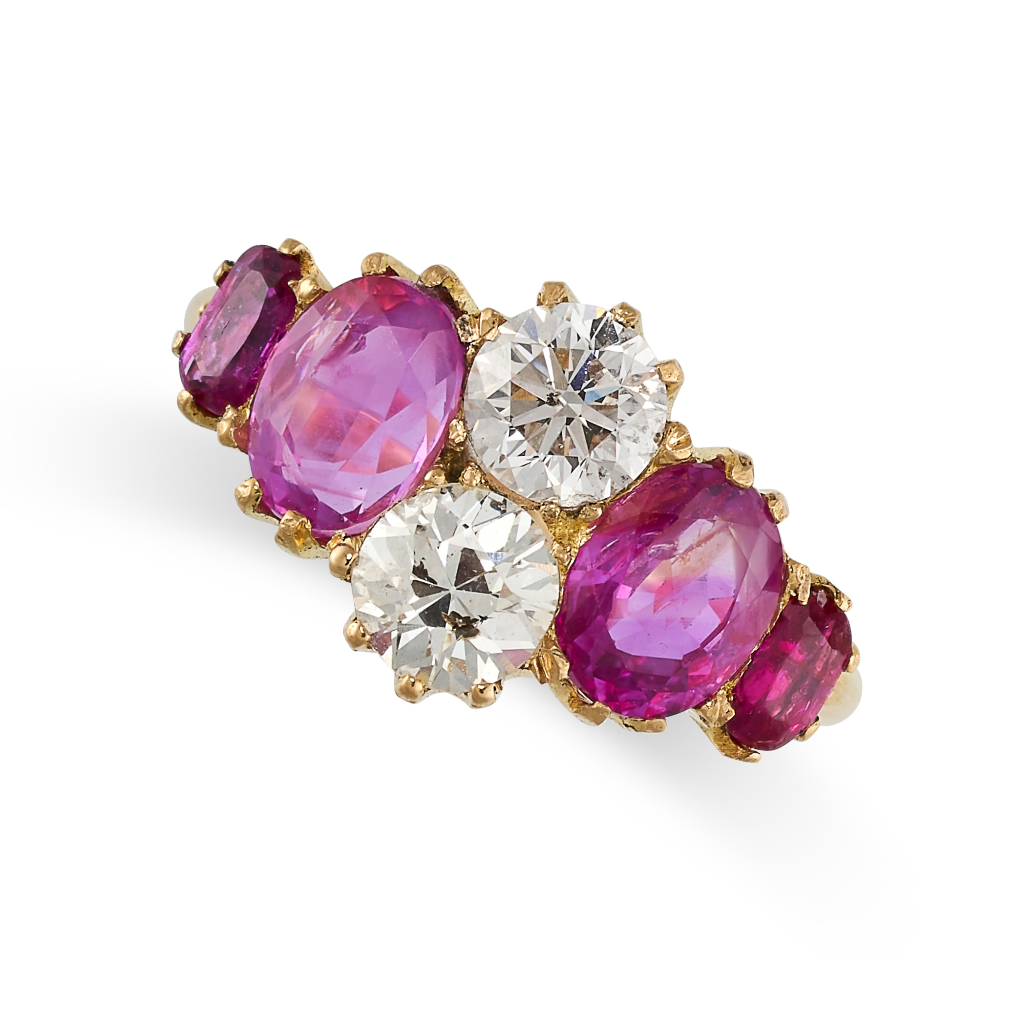 A BURMA NO HEAT RUBY, PINK SAPPHIRE AND DIAMOND RING in yellow gold, set with three graduated