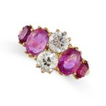 A BURMA NO HEAT RUBY, PINK SAPPHIRE AND DIAMOND RING in yellow gold, set with three graduated